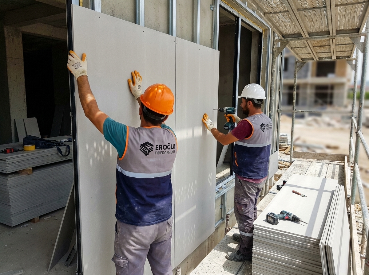 D&uuml;z desenli fibercement ile kaplanmış modern bina cephesi