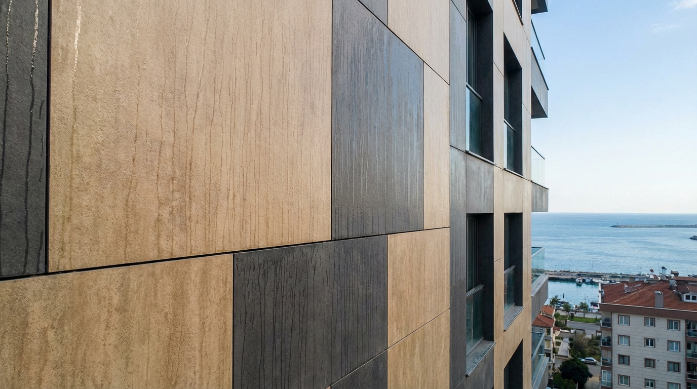 Modern fibercement cephe kaplama uygulaması yapılmış bina